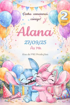 Convite de Aniversário Stitch e Angel Aquarela para Editar