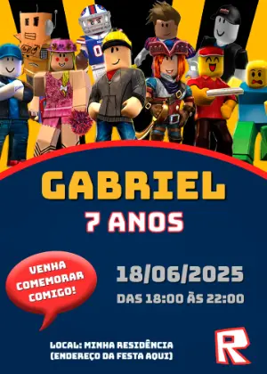 Convite de Aniversário Roblox com Personagens para Editar Online