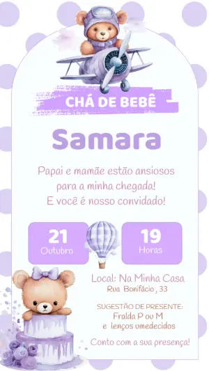 Convite Chá de Bebê Ursinha Aviadora para Editar Online