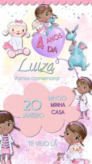 Convite Animado Aniversário Doutora Brinquedos para Editar