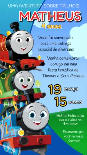 Convite Digital Infantil Trem Thomas e Amigos Editável