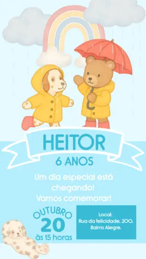 Convite de Aniversário Ursinho e Cachorrinho para Editar