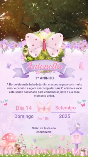 Convite Animado Aniversário Jardim das Borboletas para Editar