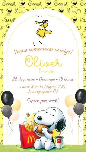 Convite de Aniversário Snoopy McDonalds Digital para Editar 