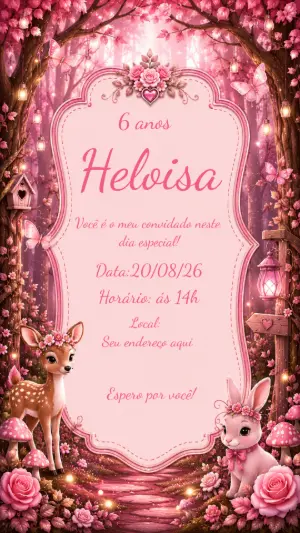 Convite Bosque Encantado Rosa Aniversário Infantil Editável