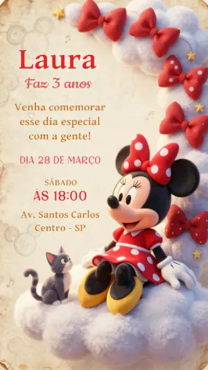 Convite de Aniversário Minnie 3D Fofo para Editar Online