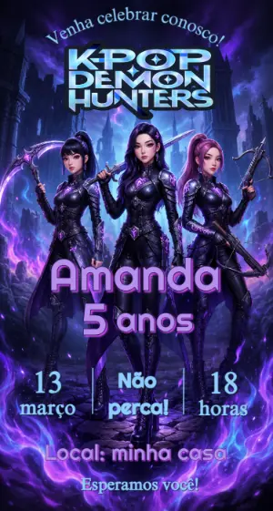 Convite de Aniversário Kpop Demon Hunters Editável