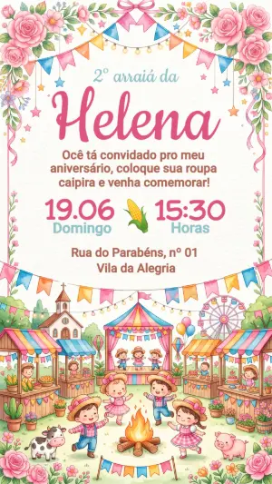 Convite de Aniversário Festa Junina Menina Aquarela Editável