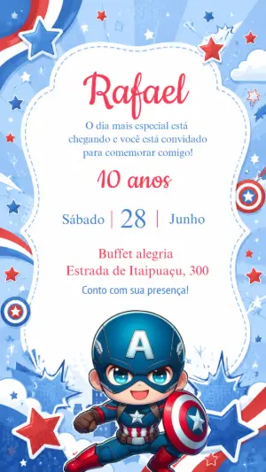 Convite de Aniversário Capitão América Fofo para Editar