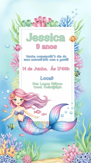 Convite de Aniversário Sereia Fundo do Mar para Editar Online