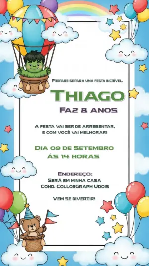Convite Aniversário Hulk no Balão para Editar Online