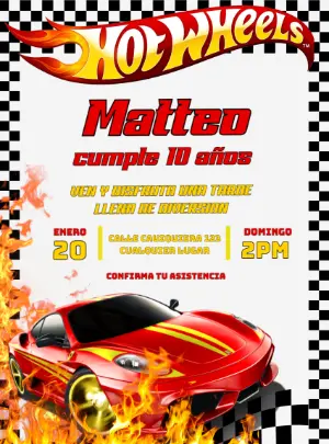 Invitación de Cumpleaños de HotWheels para Editar