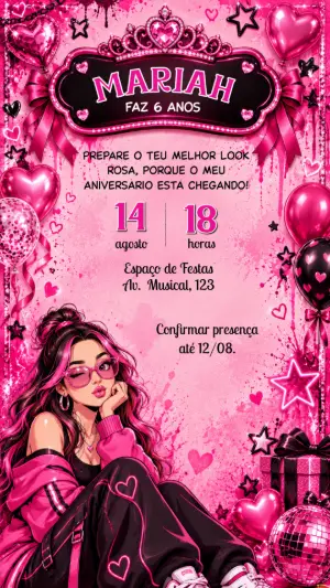 Convite de Aniversário Emilly Vick Rosa para Editar Online