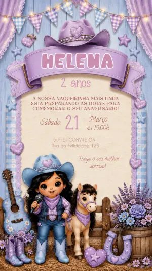 Convite Aniversário Cowgirl Fazendinha Lilás Editável