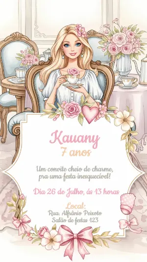 Convite Aniversário Boneca Princesa para Editar Online