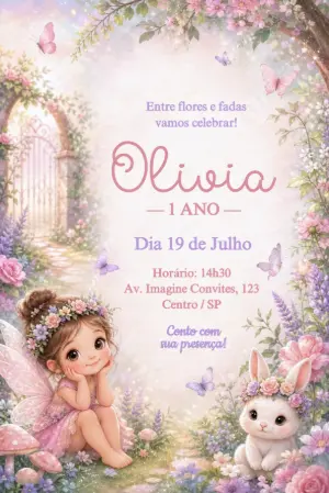 Convite Aniversário Jardim Encantado Fada Aquarela Editável