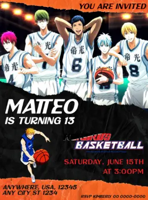 Kuroko's Basketball Anime Birthday Invitation Editable Template