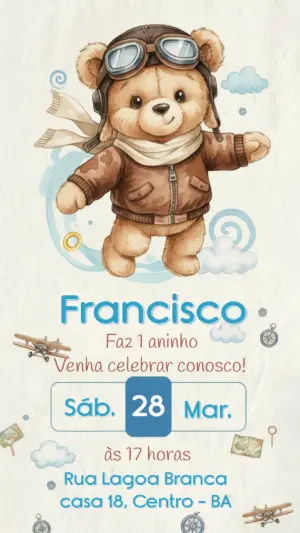 Convite de Aniversário Ursinho Aviador Aquarela para Editar