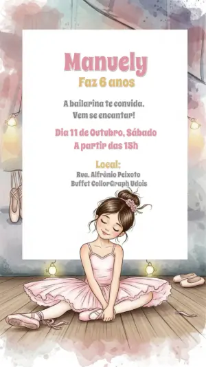 Convite de Aniversário Bailarina Aquarela para Editar Online