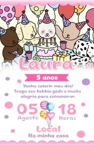 Convite de Aniversário Animais Fofos para Editar Online