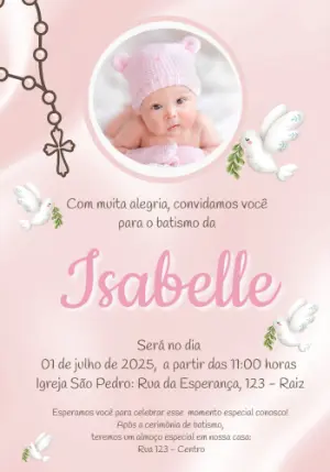 Convite de Batizado Rosa com Foto para Editar Online