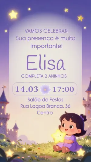 Convite de Aniversário Sonhos e Estrelas Roxo Editável