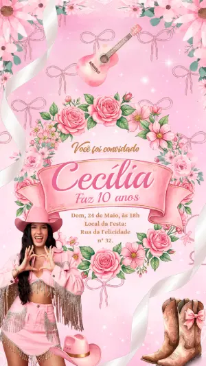 Convite de Aniversário Boiadeira Rosa com Foto Editável