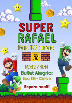Convite de Aniversário Super Mario Bros Editável e Digital