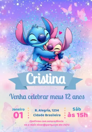 Convite de Aniversário Stitch e Angel Fofo Editável