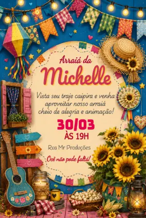 Convite de Festa Junina Rústico com Girassóis para Editar
