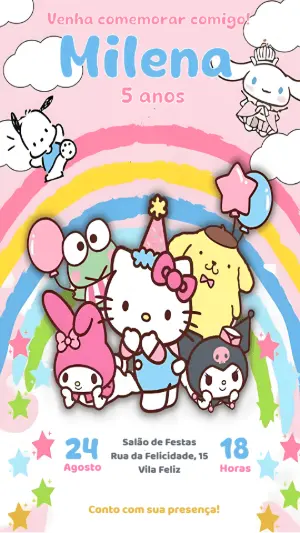 Convite de Aniversário Hello Kitty e Turma para Editar Online