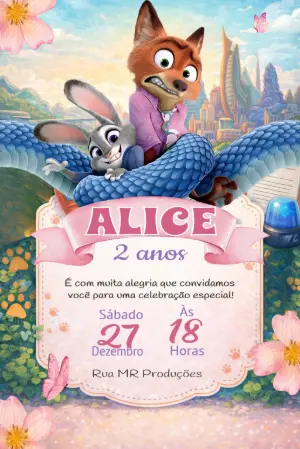 Convite Digital Zootopia: Modelo de Aniversário para Editar