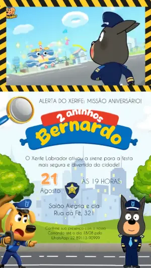 Convite Animado Detetive Labrador: Vídeo de Aniversário Editável