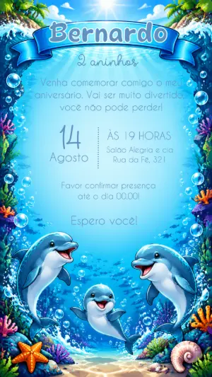 Convite de Aniversário Golfinhos Fundo do Mar Editável