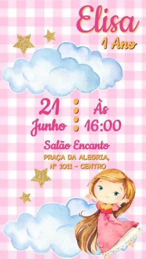 Convite Aniversário Princesa Rosa Editável para Menina