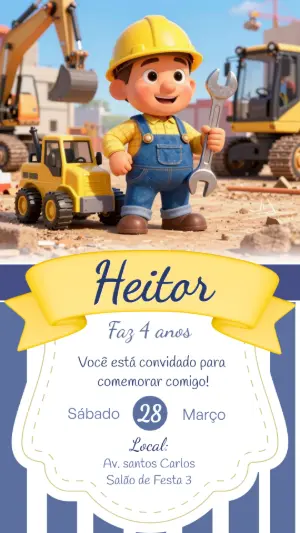 Convite de Aniversário Construtor Infantil para Editar