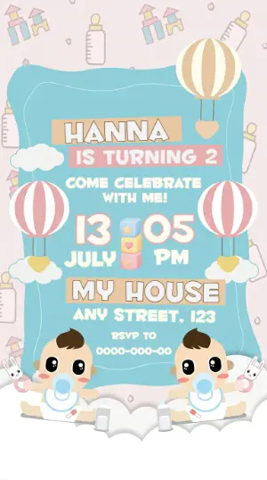 Cute Baby Birthday Invitation with Hot Air Balloons - Editable Template