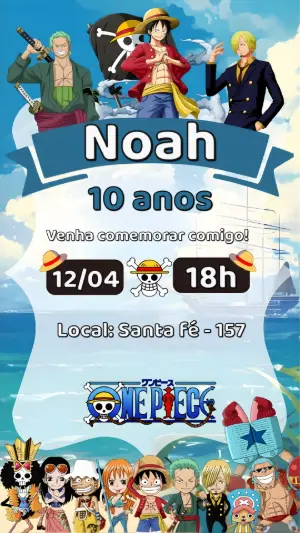 Convite de Aniversário One Piece Editável para Festa Infantil