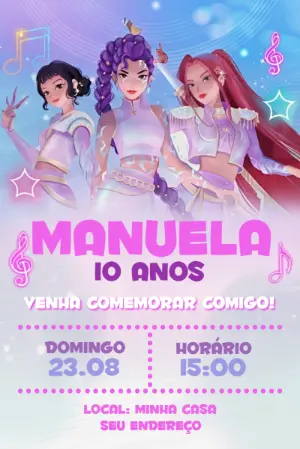 Convite de Aniversário Guerreiras K-pop Estilo Neon para Editar