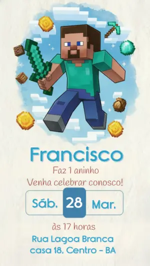 Convite Digital Minecraft para Aniversário Infantil Editável