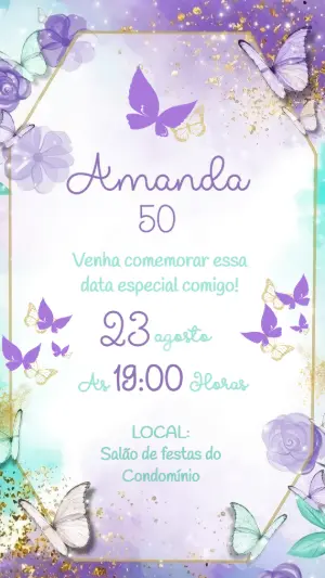 Convite de Aniversário Borboletas Lilás e Dourado para Editar