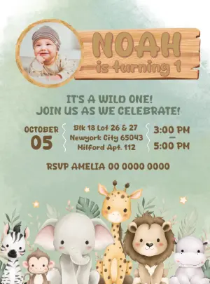 Cute Safari Animals 1st Birthday Invitation Editable Template with photo