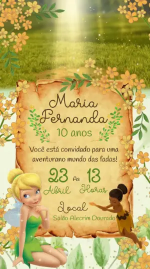 Convite de Aniversário Tinker Bell e Fadas Modelo Editável