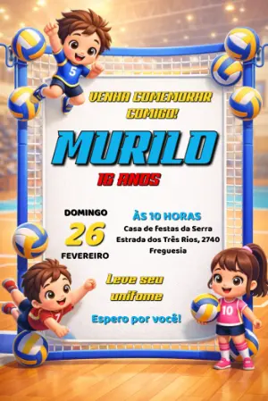 Convite de Aniversário Vôlei Infantil para Editar e Enviar