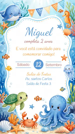 Convite de Aniversário Fundo do Mar Aquarela Editável