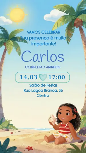 Convite de Aniversário Moana Baby na Praia Editável