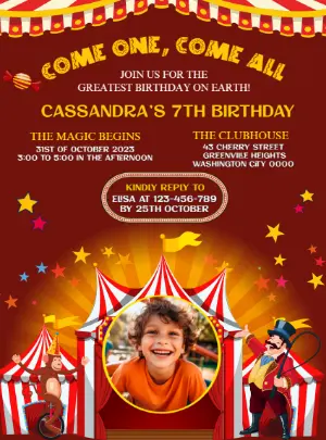 Fun Circus Birthday Party Invitation | Digital Editable Template with photo