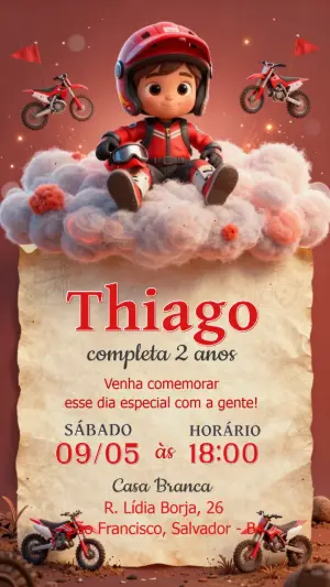 Convite de Aniversário Motocross Infantil 3D para Editar