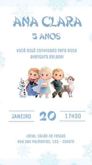Convite de Aniversário Frozen Infantil Aventura Gelada Editável