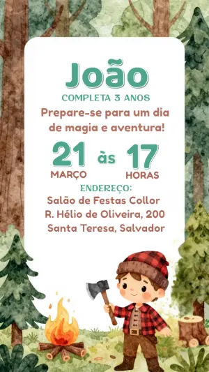 Convite de Aniversário Lenhador na Floresta Editável